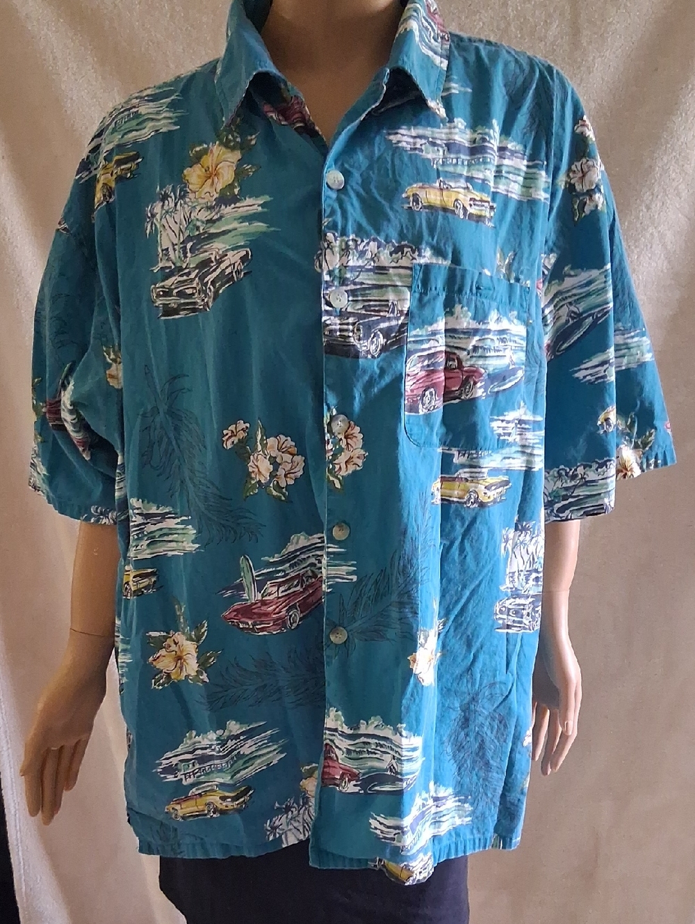 Made By Design Teal Short-Sleeve Button-Down Shirt with Car & Floral Print